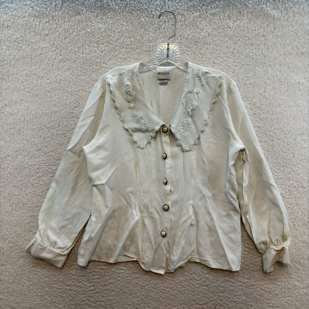 90s Vintage Button Blouse Top M Medium Off White Cream Ivory Edwardian Victorian